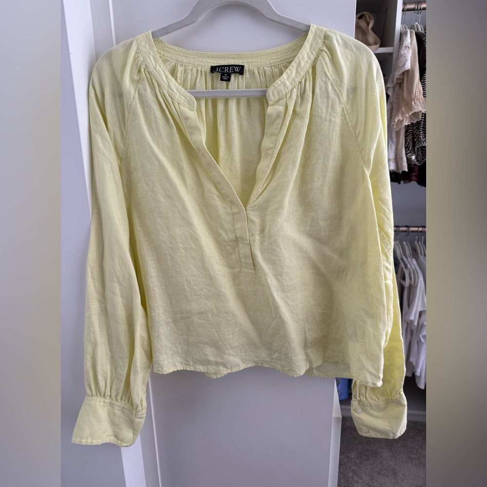 J. Crew Linen Yellow V-Neck Long Sleeve Blouse